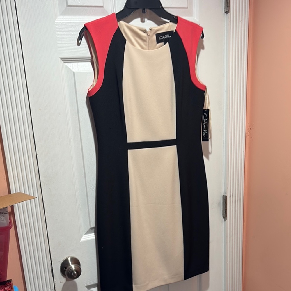 Chaps Cream and Black Sheath Dress Halter Neckline